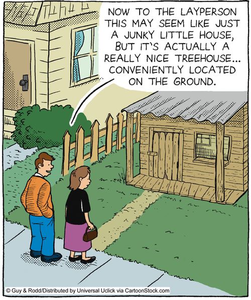 'Now to the layperson this may seem like just a junky little house, but it's actually a really nice treehouse. . . conveniently located on the ground.'