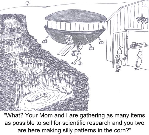 'What? Your Mom and I are gathering as many items as possible to sell for scientific research and you two are here making silly patterns in the corn?'