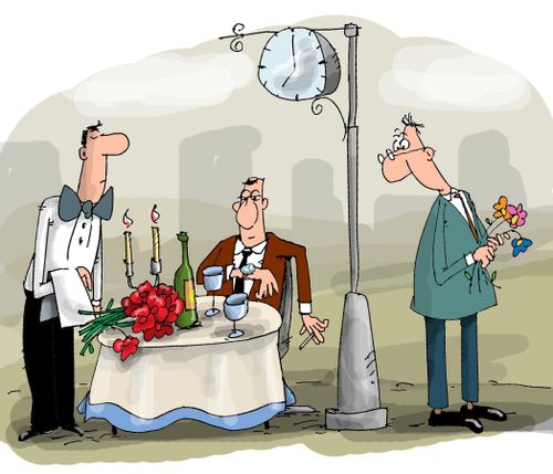 The two men under the clock waiting for their girls.