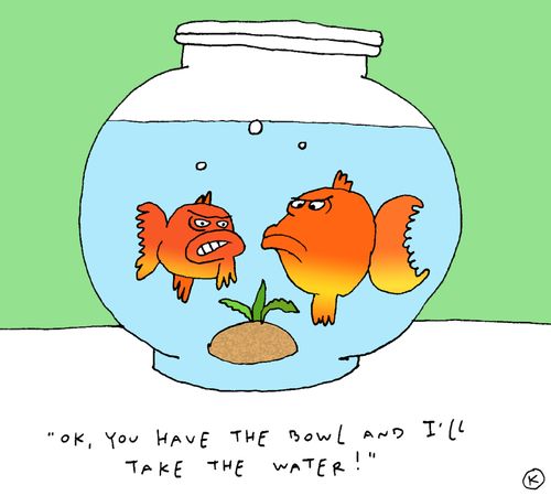 'Ok, you have the bowl and I'll take the water!'