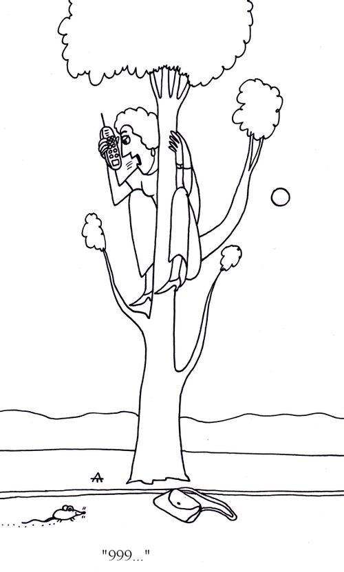 Woman climbs up a tree to escape a scary mouse.