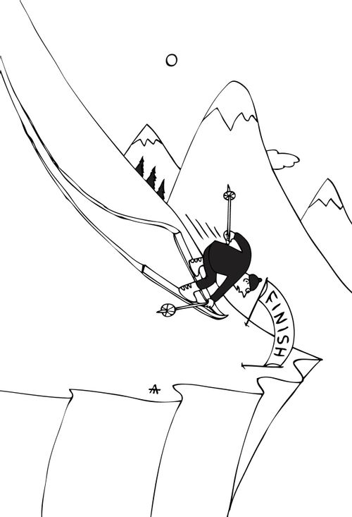Skier about ski over the finish line and cliff edge.