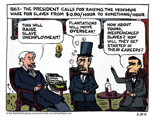 1863: The president calls for raising the minimum wage for slaves from $0.00/hour to something/hour.
