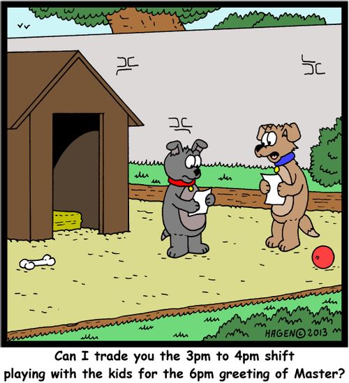 'Can I trade you the 3pm to 4pm shift playing with the kids for the 6pm greeting of Master?'