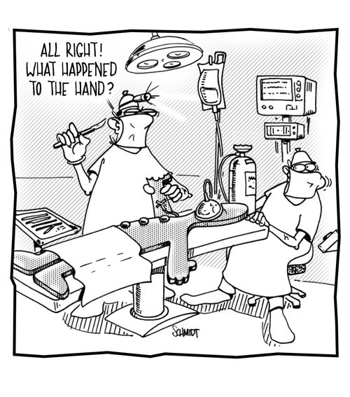 'All right! What happened to the hand?'