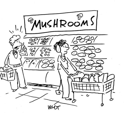 Shopper uses mushrooms as earmuffs around cell phone talker.
