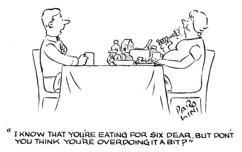'I know that you're eating for six dear, but don't you think you're overdoing it a bit?'