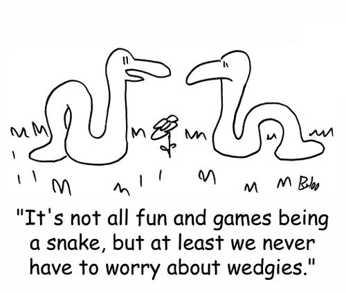 'It's not all fun and games being a snake, but at least we never have to worry about wedgies.'