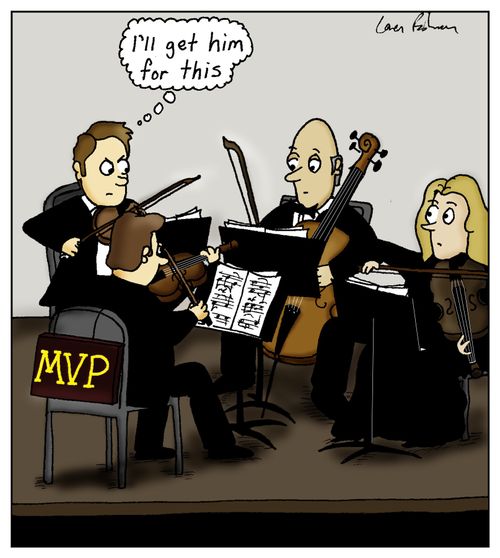 First violinist has an 'MVP' sign on his chair