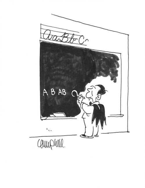 Child vampire writes blood types on blackboard instead of alphabet