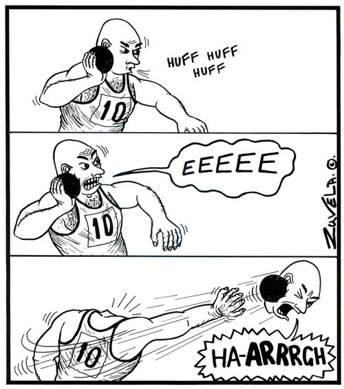 (visual gag) 'HA-ARRRGH' A shot put athlete tears off his head when he throws his put