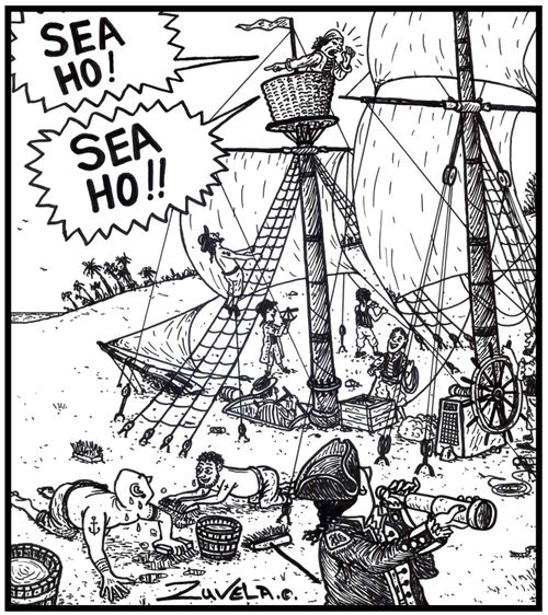 'SEA HO!' 'SEA HO!!' : An old sailing crew on land finds water. 