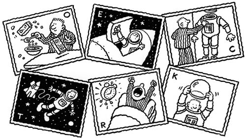 Sequence of a spaceman waking up and getting ready to go into space.