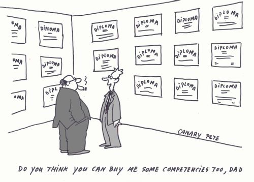 Businessman with multiple diplomas - "Do you think you can buy me some competencies too, Dad?"