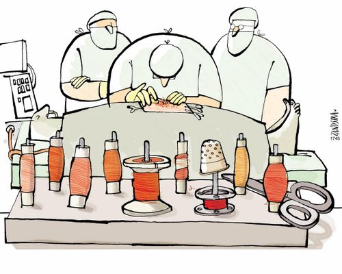 Surgeon using a sewing kit.