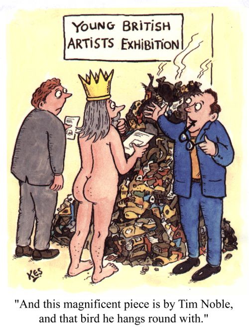 Young British Artists exhibition - "And this magnificent piece is by Tim Noble, and that bird he hangs around with."