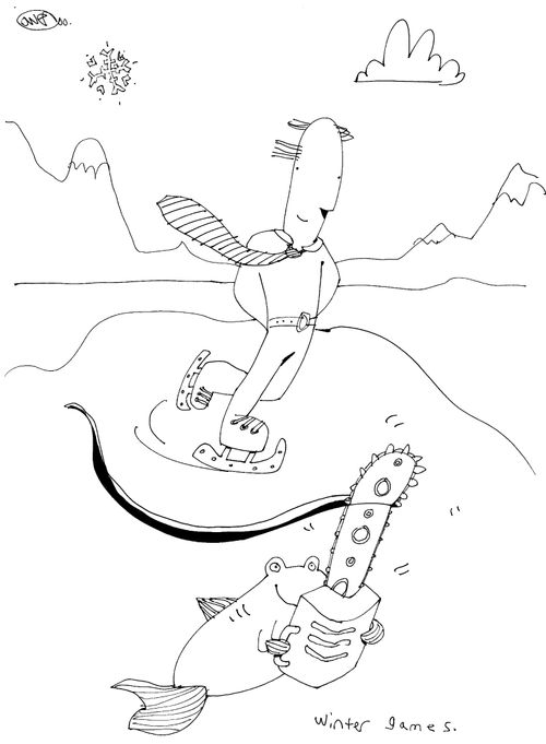 Fish with chainsaw under skating rink