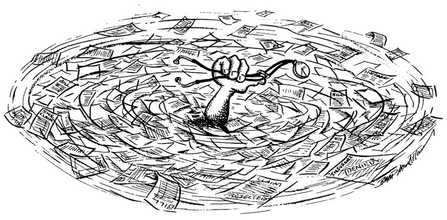Doctor drowning in a sea of 'Bills','Statements' and 'Denied Insurance'
