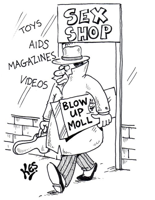 Gangster exits sex shop with 'blow up moll'.
