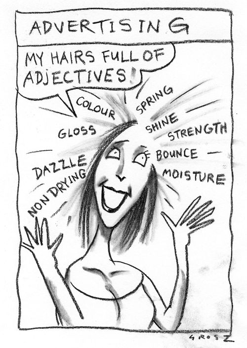 Advertising:  'My hair is full of adjectives!' (non-drying, dazzle,gloss,colour,spring,shine,strenght,bounce,moisture).