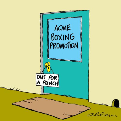 Door of Acme Boxing Promotion with sign reading Out for a Punch.