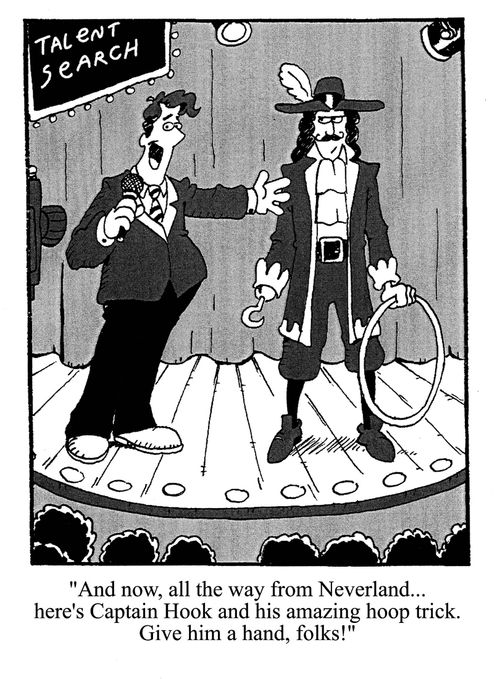 'And now, all the way from Neverland...here's Captain Hook and his amazing hoop trick. Give him a hand, folks!'