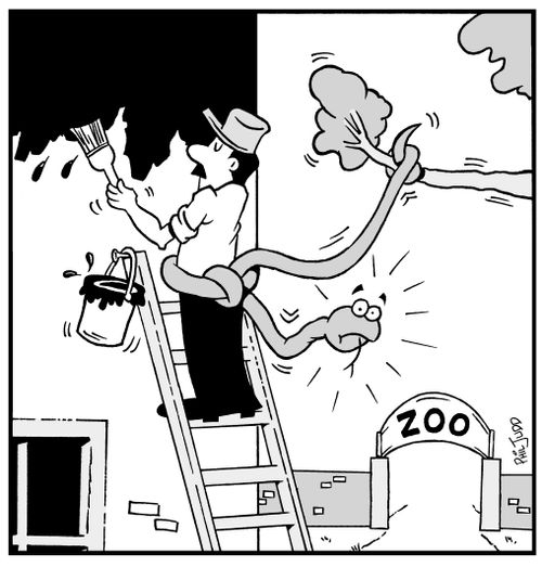 Handyman painting in a zoo, He is using a snake as a safety rope.