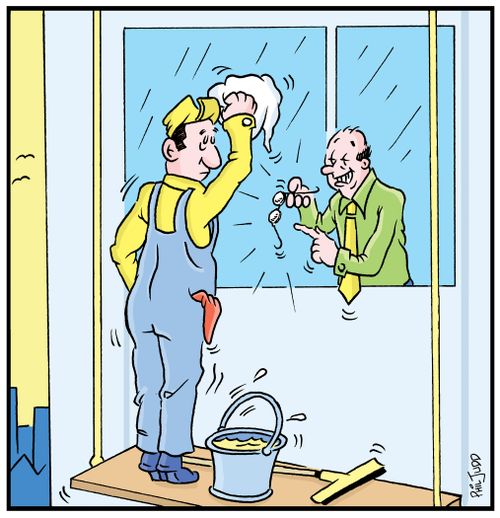 Window cleaner high up washing a buildings window. Man leaning out of the window asking him to clean his glasses.