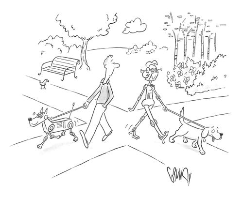 Man walking robot dog see robot woman walking real dog.