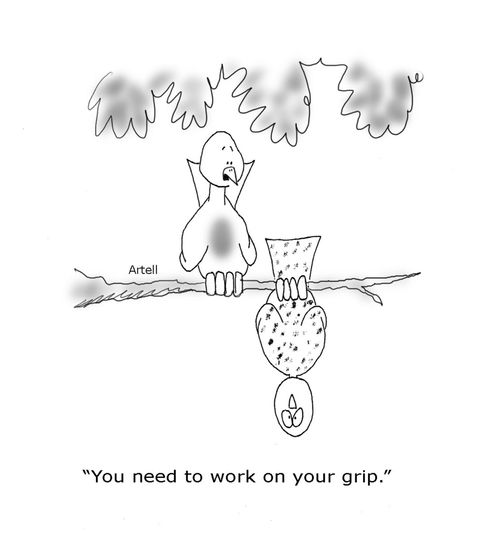Bird tells upside-down bird, you need to work on your grip.