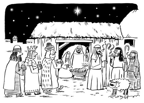 As the three wise men approach the stable, they see shepherds smoking in huddle outside
