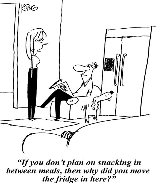'If you don't plan on snacking in between meals, then why did move the fridge in here?'