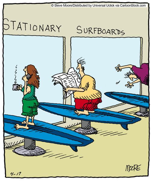 Stationary surfboards.