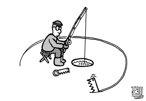 Ice fisherman ice fishing sees saw blade coming from ice!