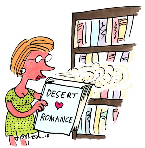 Woman blowing dust off book 'Desert Romance'