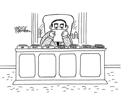 Businessman sitting at desk with IN, OUT, UP, DOWN, OVER, AROUND, THROUGH nameplates on desk.