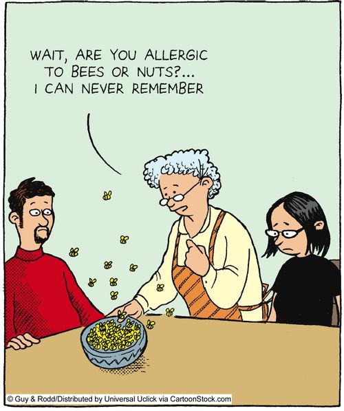 'Wait, are you allergic to bees or nuts?... I can never remember.'