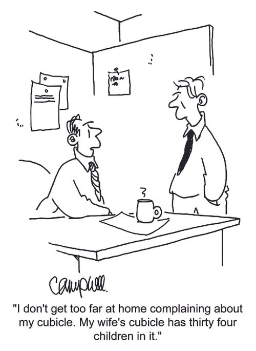 'I don't get too far at home complaining about cubicle. My wife's cubicle has thirty four children in it.'