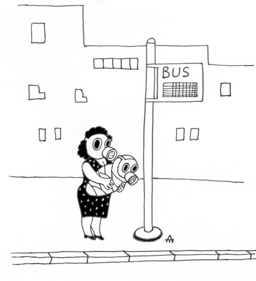 Women and baby with gas masks on.