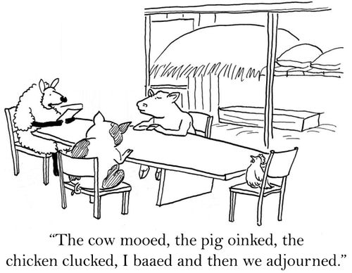 'The cow mooed, the pig oinked, the chicken clucked, I baaed and then we adjourned.'