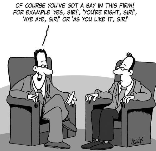 'Of course you've got a say in this firm! For example 'Yes, sir!', 'You're right, sir!', 'Aye Aye, sir!' or 'As you like it, sir!'