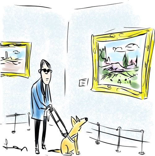 Blind man's guide dog is looking at art in an art gallery.