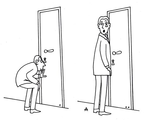 A man peeping through keyholes ends up with a keyhole imprint on his face.