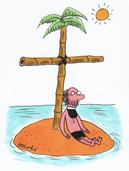 Vicar on desert island with palm tree cross.