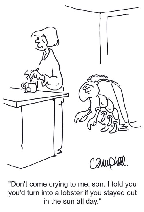 'Don't come crying to me, son. I told you you'd turn into a lobster if you stayed out in the sun all day.'