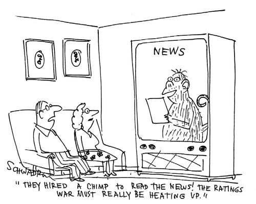 'They hired a chimp to read the news! The ratings war must really be heating up.'