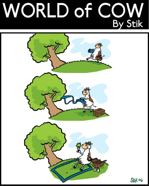 A cow has a picnic with a rug with a hole in it, so he can eat the grass underneath.