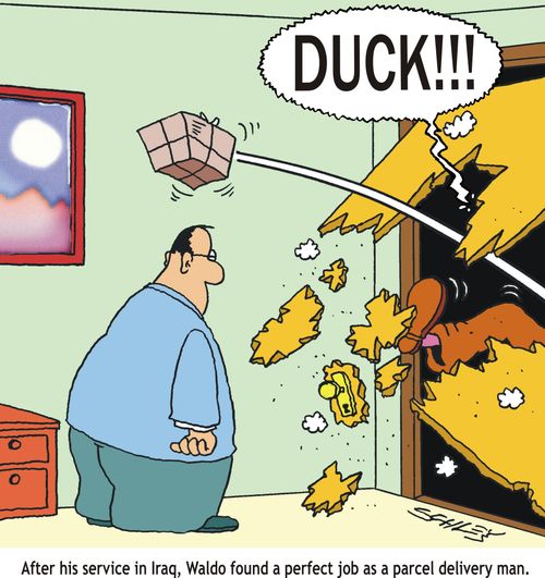 'DUCK'! - After his service in Iraq, waldo found a perfect job as a parcel delivery man.