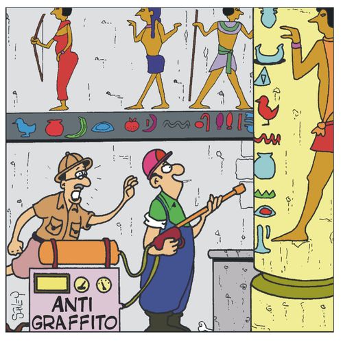 'Anti-Graffito' worker about to erase hieroglyphics.