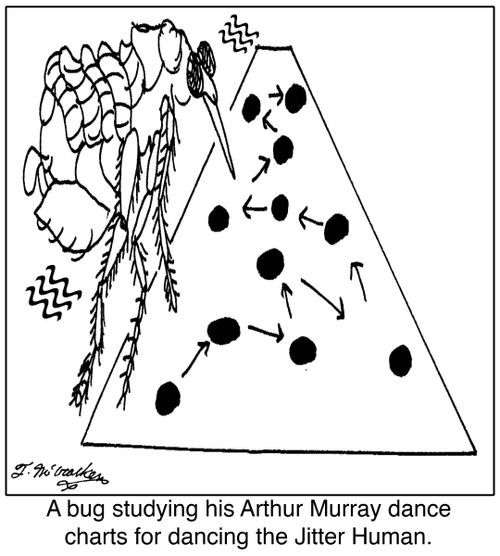 A bug studying his Arthur Murray dance charts for dancing the Jitter Human.